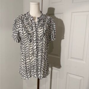 Sunny Leigh Black and White Ruffled Mandarin Collar Blouse